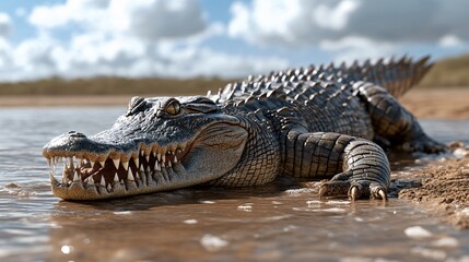 Naklejka premium Realistic Close-Up of a Crocodile on a Riverbank During Daylight
