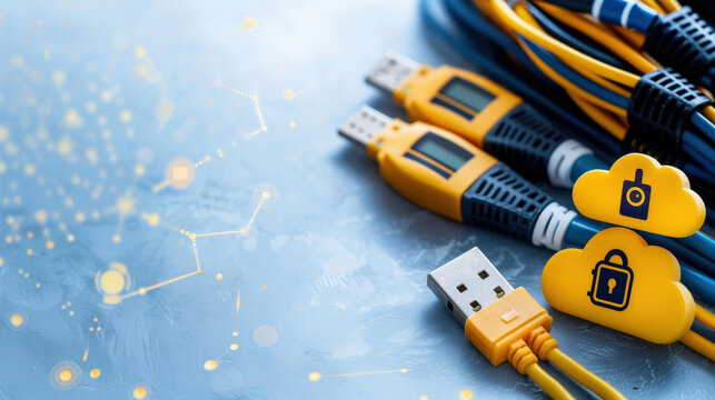 collection of network cables and USB connectors is arranged on textured surface, accompanied by cloud shaped icons symbolizing cybersecurity and data protection