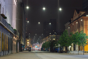 Slovenska Cesta street glowing under street lights at night, presenting a serene and deserted...