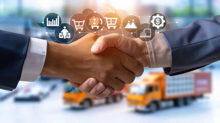handshake symbolizes successful business collaboration in supply chain management, with icons representing logistics, procurement, and financial growth