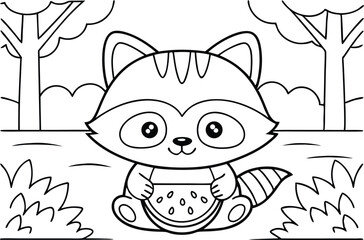 Cute Raccoon Eating Watermelon in Forest Black Outline Style Cartoon, White Background
