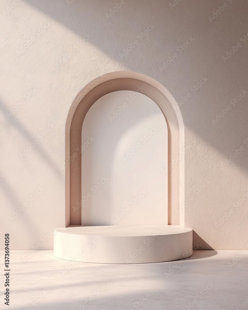 Poster minimalist architectural design featuring a soft arch and circular platform in daylight.