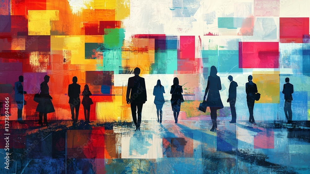 Poster silhouettes against colorful blocks symbolize dynamic growth and innovation.