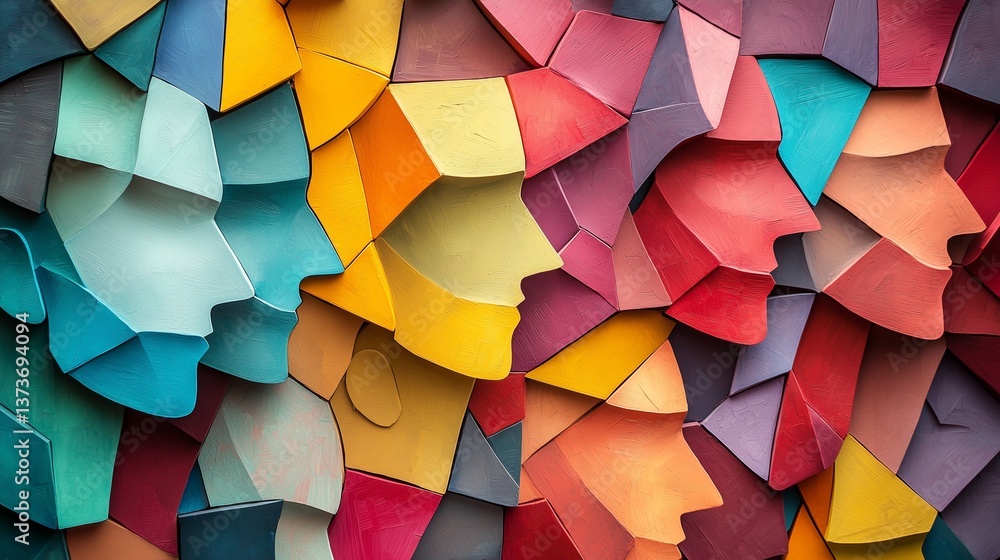 Poster colorful overlapping human profiles symbolize unity in diversity.