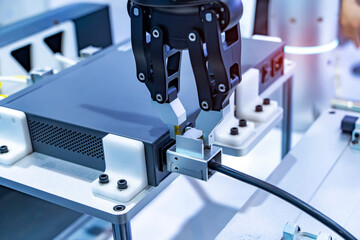 industrial machine and factory robot arm holding network cable plug,Smart factory industry 4.0...