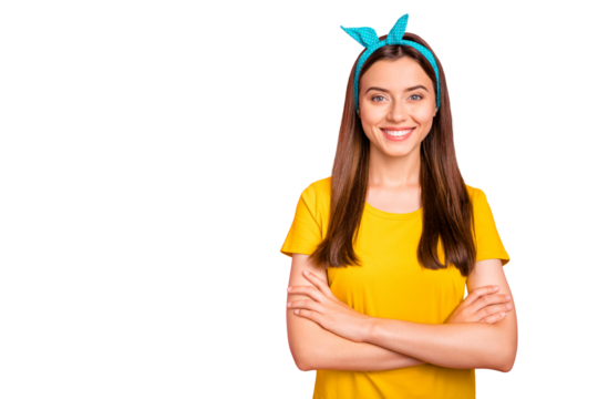 Photo of nice cute confident shining pinup girlfriend combining amazing features of appearance with her developed mind skills while isolated with vivid background