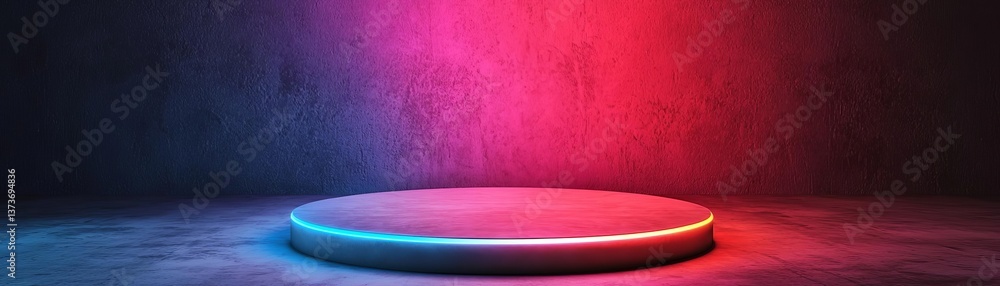 Aufkleber a round, illuminated platform in a dark space with colorful lighting effects.