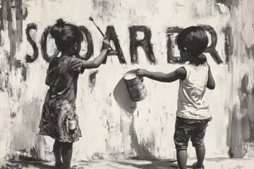 Black and white children paint a giant 'Solidarity' sign together. One holds the brush while the other carries the paint can. On their faces is the happiness of cooperation. 