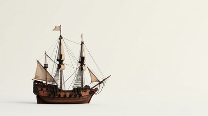 Obraz premium Intricate Wooden Galleon Model Ship Against a Plain Background, a Detailed Craftsmanship Display