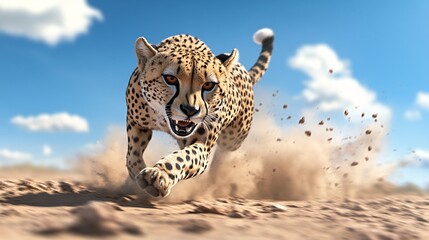 Naklejka premium Captivating Cheetah Sprinting Across Desert Terrain Under Blue Sky