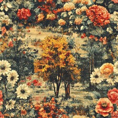 Vintage Floral Pattern Postcard Seamless Background for Wallpaper Design Featuring Diverse Blossoms and Scenic Nature Elements