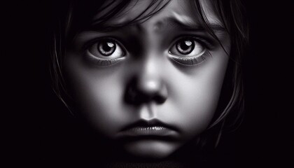 Sad child, black and white portrait, contrast view, big eyes, face on black background