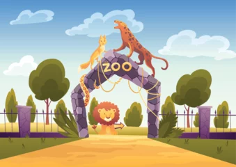Selbstklebende Fototapeten Zoo Zoo entrance gates with stone arch and signboard. African animals. Zoological garden for wild animals with green bushes and trees. Vector illustration in cartoon style  © the8monkey