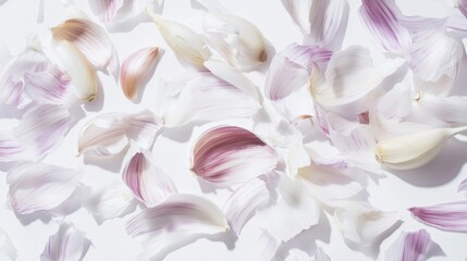 Obraz premium Delicate white and purple garlic husks are scattered on a white background