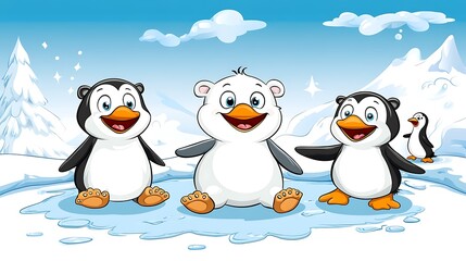 Obraz premium Cheerful Penguins and Polar Bear Cub on Icy Landscape
