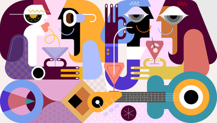 Group of people having fun, chatting and drinking cocktails at a party. Graphic illustration in flat geometric style.