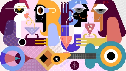 Fotobehang Group of people having fun, chatting and drinking cocktails at a party. Graphic illustration in flat geometric style. ©  danjazzia