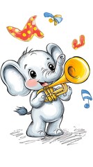 Obraz premium Cute Cartoon Elephant Playing a Golden Trumpet