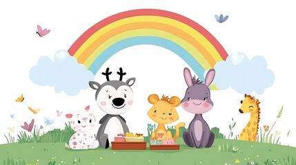 Cute Cartoon Animals Picnic Under Rainbow