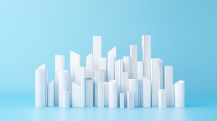 Obraz premium A minimalist arrangement of white geometric shapes resembling a city skyline against a light blue background.
