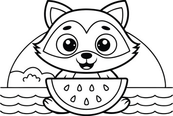 Cute Cartoon Fox Holding Watermelon Slice, Lake Background, Black and White Outline