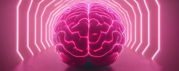 Obraz premium NFT digital art and animation, A vibrant, neon pink brain sits at the center of a futuristic corridor, illuminated by glowing geometric lines, suggesting themes of intelligence and technology.