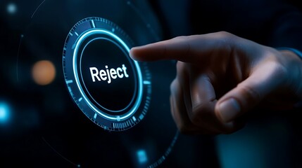 Finger Pushing Reject Glowing Button on Dark Interface with Blue Accent Lights