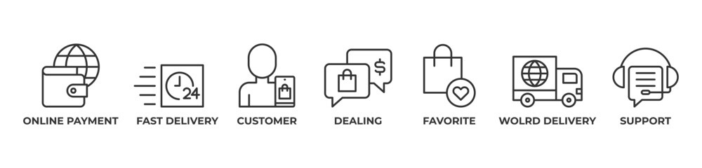 Global Shopping Experience Icons set vector illustration with ONLINE PAYMENT, FAST DELIVERY, CUSTOMER, DEALING, FAVORITE, WOLRD DELIVERY, SUPPORT