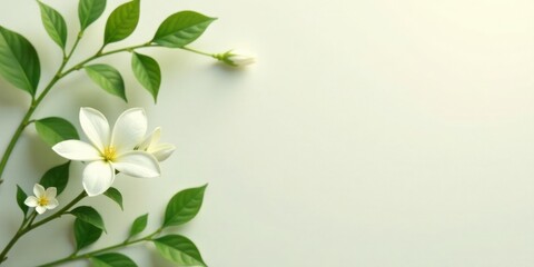 Obraz premium Serene White Blossoms and Lush Green Foliage Arranged on a Soft Pale Background, Ideal for Elegant Designs and Peaceful Ambiance