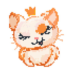 Charming pixel art cat winking with an orange patch on white fur and a small crown on its head against white background. Perfect for kids media and playful designs. Pixel art vector cat concept.