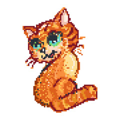 Fototapeta premium Charming orange cat in pixel art style with large expressive eyes, sitting with a playful expression. Digital art illustration, retro video game aesthetic. Pixel art vector cat concept.