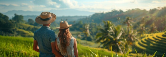 A couple enjoys a serene view of rice terraces, embracing nature's beauty in a lush green landscape.