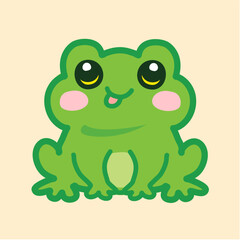 Cute cartoon frog with large eyes and rosy cheeks sitting on light background. Adorable expression captures playful, joyful essence. Cartoon, doodle, adorable, vector concept.
