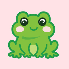 Charming green frog illustration with rosy cheeks and cheerful expression on soft pink background ideal for playful designs and childrens art cartoon doodle adorable vector concept