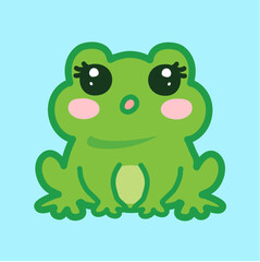 Obraz premium Adorable cartoon frog with blushing cheeks and big eyes on blue background. Perfect for children s designs and playful projects. Cartoon, doodle, adorable, vector concept.
