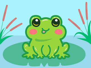 Fototapeta premium Illustration of a cheerful green cartoon frog sitting on a pond surrounded by cattails. The frog has large adorable eyes and rosy cheeks, creating a playful and cute appearance