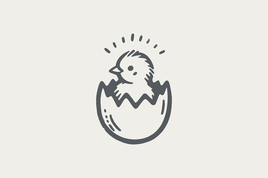 Hand-drawn monochrome line art of a baby chick hatching from an egg