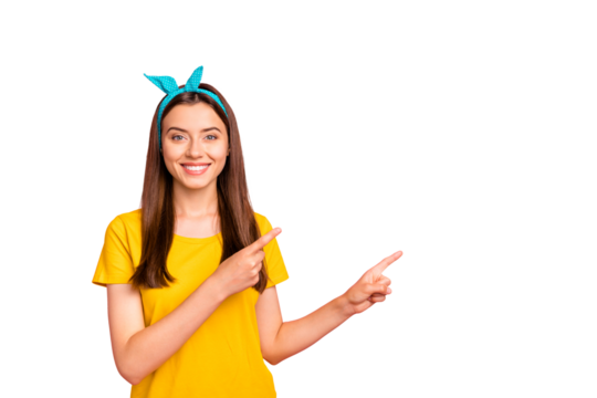 Photo of nice charming beaming toothily smiling lady trying to sell you something special while isolated with pink background