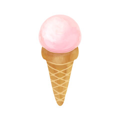 Single pink ice cream scoop on waffle cone watercolor style isolated on white background perfect for dessert illustrations, summer themes and food art concepts. Ice cream watercolor vector concept.