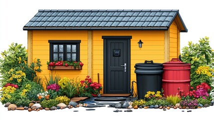 A yellow garden shed with plants and decorative landscaping surrounds it