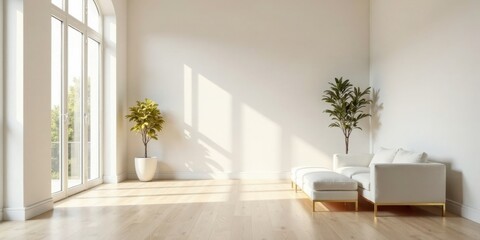 Bright Sunlight Illuminates a Minimalist Living Room with a Modern Sectional Sofa and Lush Potted Plants