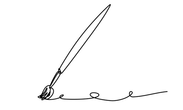 An illustration of a brush creating a wavy line in simple black and white style, representing creativity and artistic expression in line art style. Line art editable continuous concept.