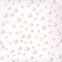 White pearls scattered on smooth light background, elegant and serene, perfect for luxury and beauty themes, subtle and sophisticated design. Realistic vector concept in monochrome tones.