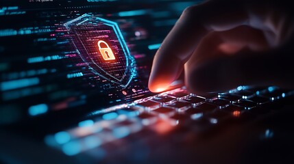 Finger Touching Keyboard with Neon Shield Padlock Cyber Security Access