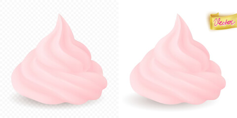 Digital illustration of pink fluffy cream in swirl shape on light background representing dessert or cosmetic product design with pastel hues emphasizing softness. Pink cream vector concept.