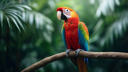 Obraz premium Vibrant Scarlet Macaw Perched on Branch in Lush Green Background