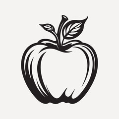 Black and white illustration of an apple with leaves. Simple apple design. Apple drawing with leaves. Minimalist apple art. Apple sketch in black and white.