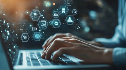 Fingers Typing on Laptop with Futuristic Digital Icons Overlay and Bokeh Lights