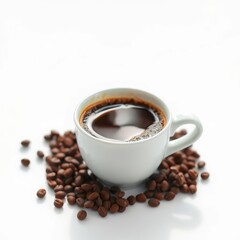 A steaming cup of coffee sits on a pristine white background, mug, latte, one