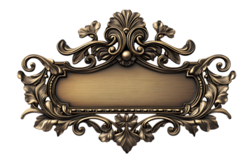 Ornamental Plaque with Floral Design: An ornate, antique-style plaque with a blank space for text, beautifully framed by intricate floral carvings, showcasing a rich, metallic texture.